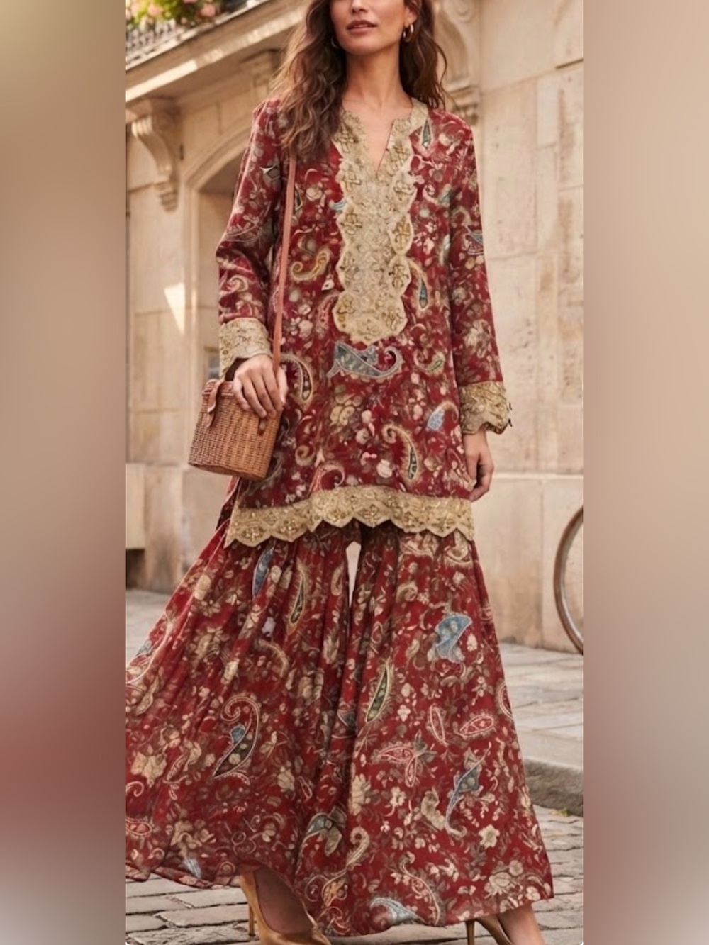 Maryum N Maria Red Paisley Printed & Embroidered Sharara Suit – Size M